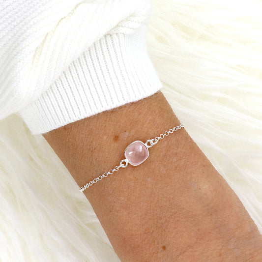 bracelet femme chaine argent et pierre de gemmes quartz rose