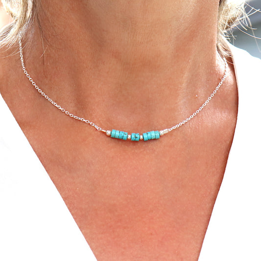 Collier pierres turquoise sur chaine argent massif, ras de cou femme