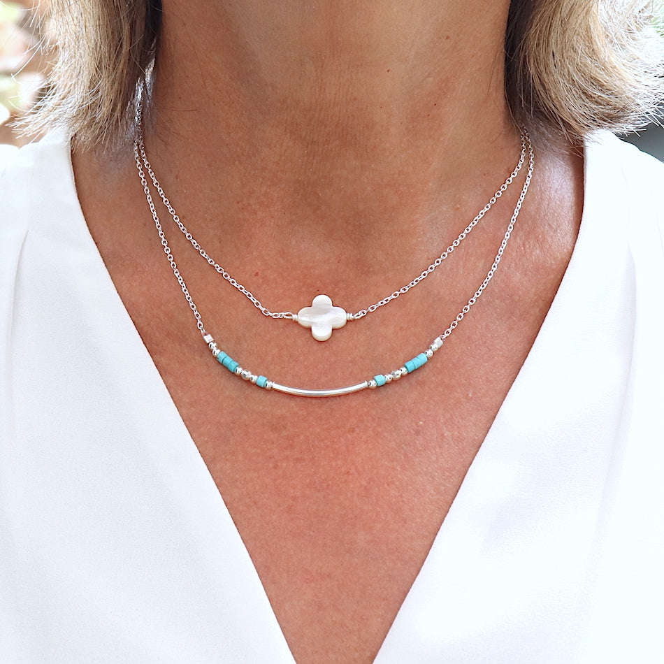 Collier jonc et pierres howlite turquoise sur chaine en argent massif