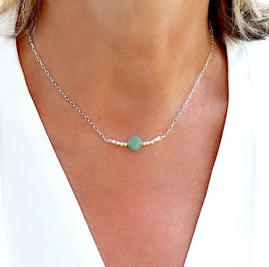 collier pierre aventurine sur chaine argent massif,ras de cou femme